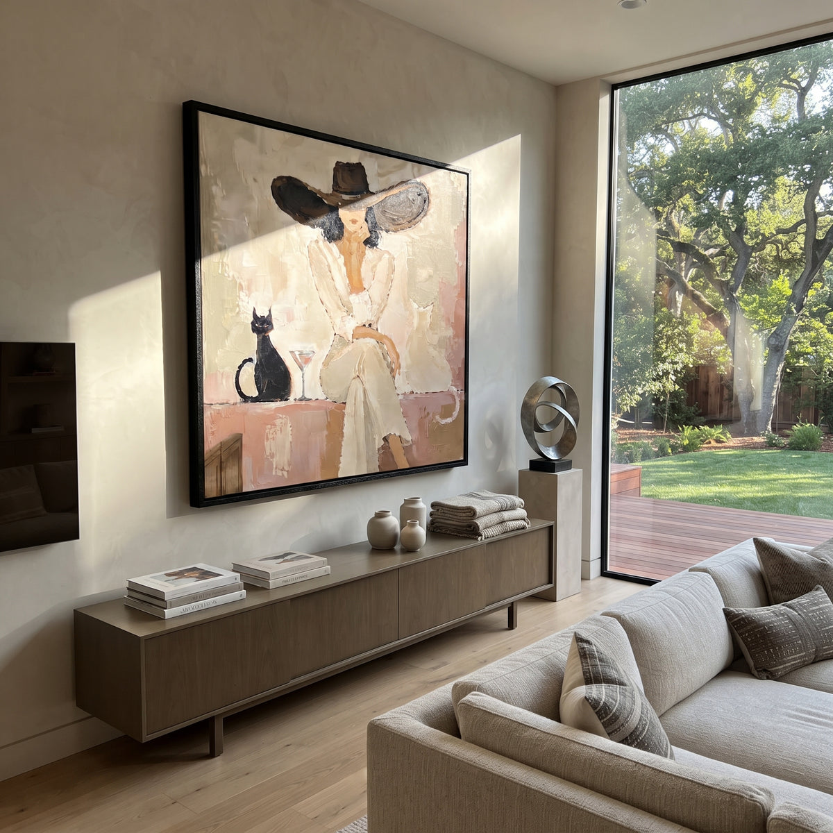 Ivory Hat Cat Pause painting presented in an alternate room setting