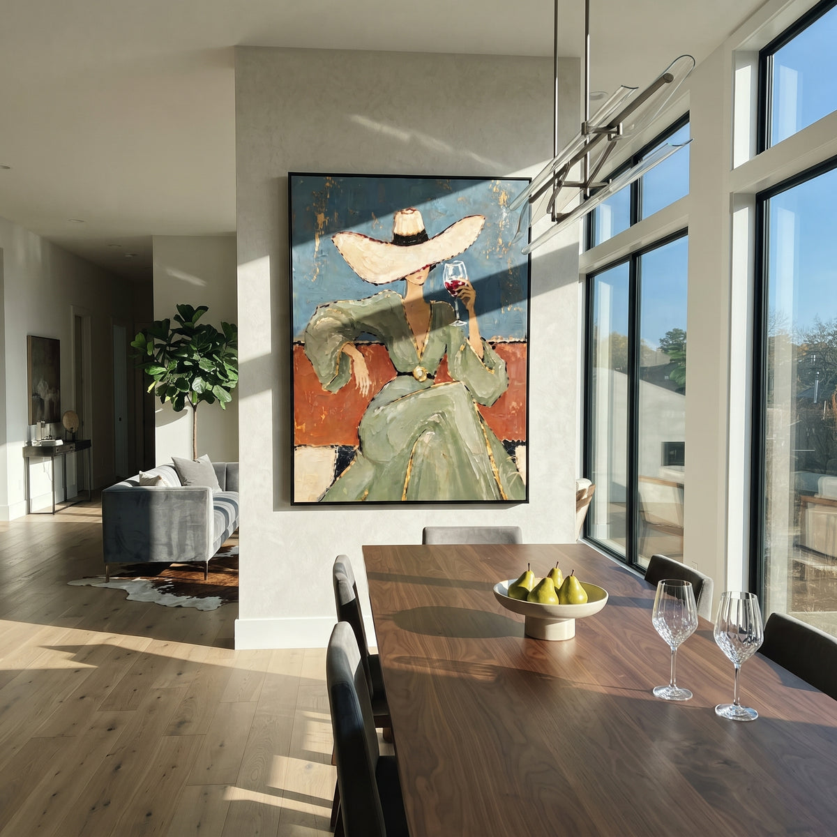 Sage Dress Summer Sip woman in wide hat painting displayed in a styled interior