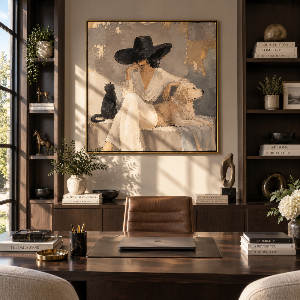 Black Brim Quiet Company wall art shown above contemporary furnishings