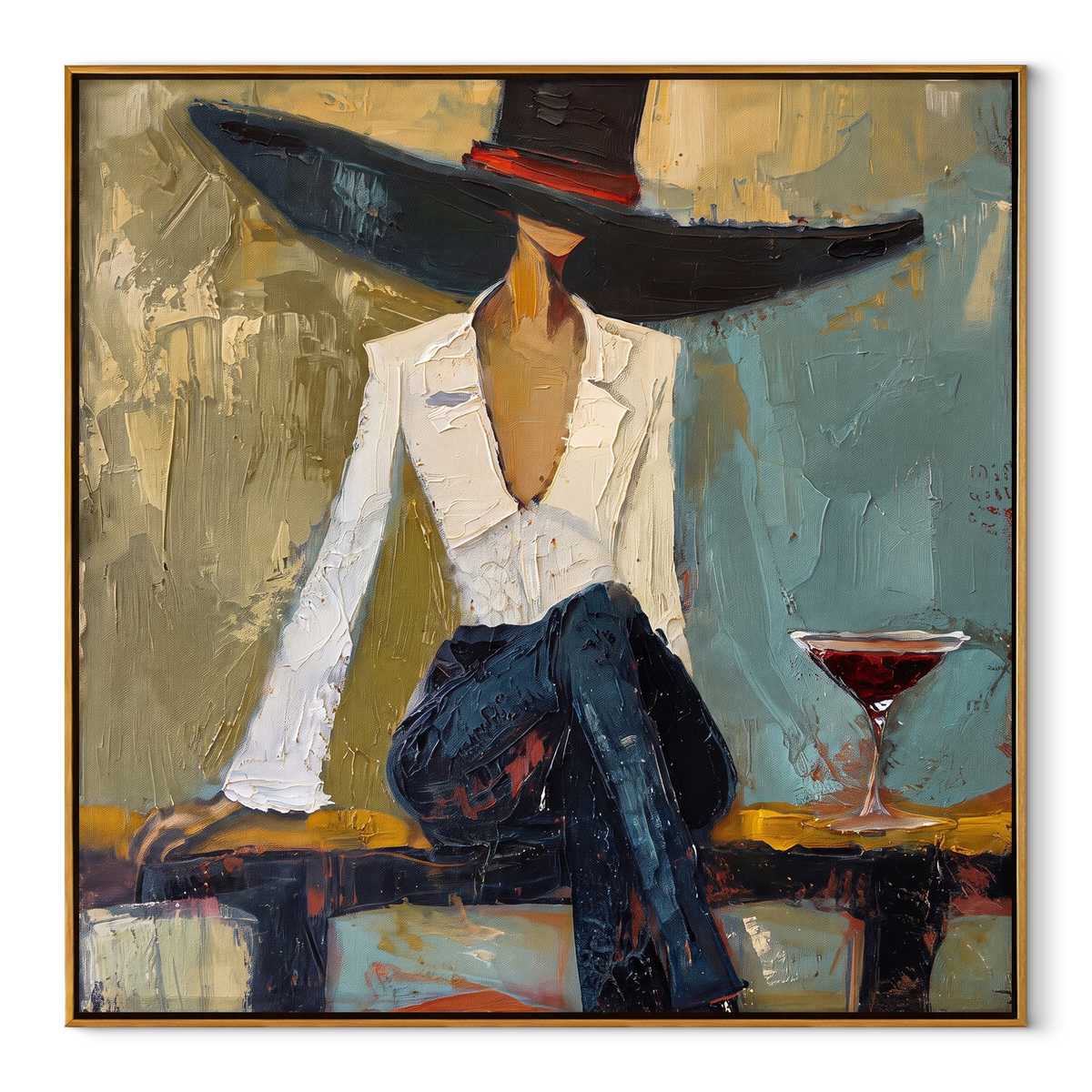 Midnight Brim Wine Hour vertical painting in a wood frame on a white background