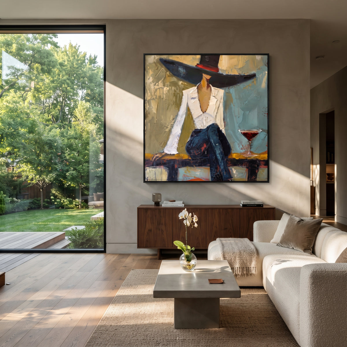 Midnight Brim Wine Hour wall art shown above contemporary furnishings