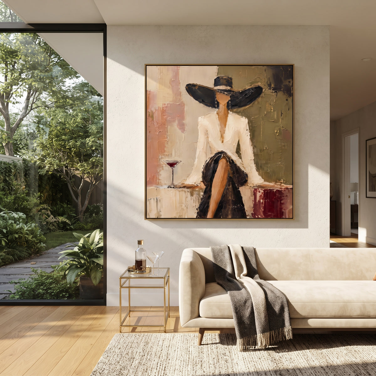 Black Brim Ivory Toast elegant woman with wine painting displayed in a styled interior