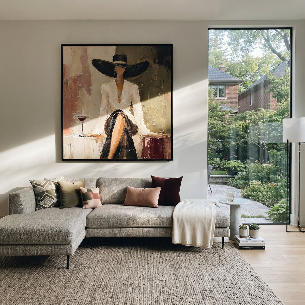 Black Brim Ivory Toast wall art shown above contemporary furnishings