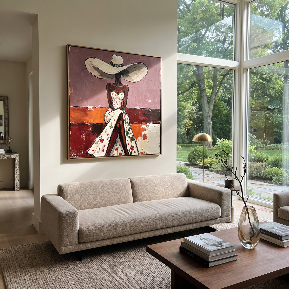Floral Dress Rose Salon woman in floral dress painting displayed in a styled interior