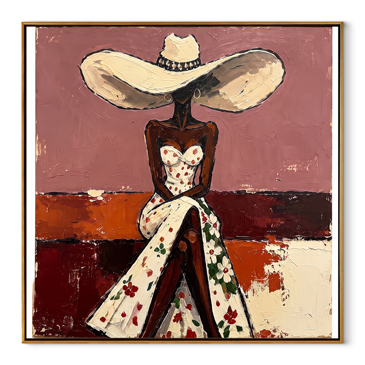 Floral Dress Rose Salon square painting in a wood frame on a white background