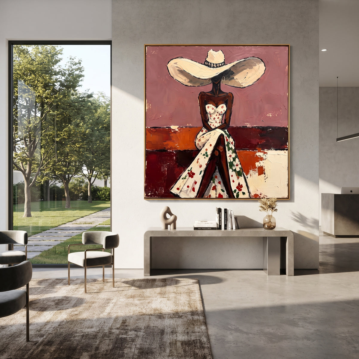 Floral Dress Rose Salon painting presented in an alternate room setting