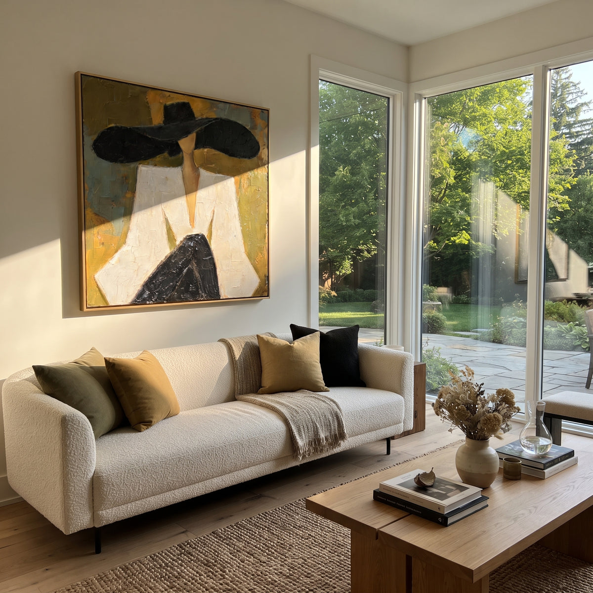 Monochrome Brim Quiet Poise minimalist woman in black painting displayed in a styled interior