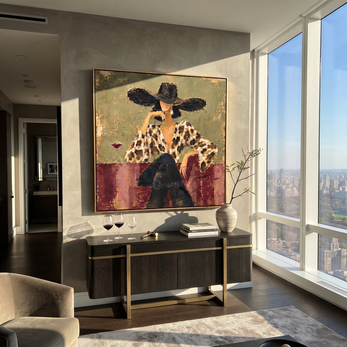 Leopard Blouse Evening Pour woman in leopard blouse painting displayed in a styled interior