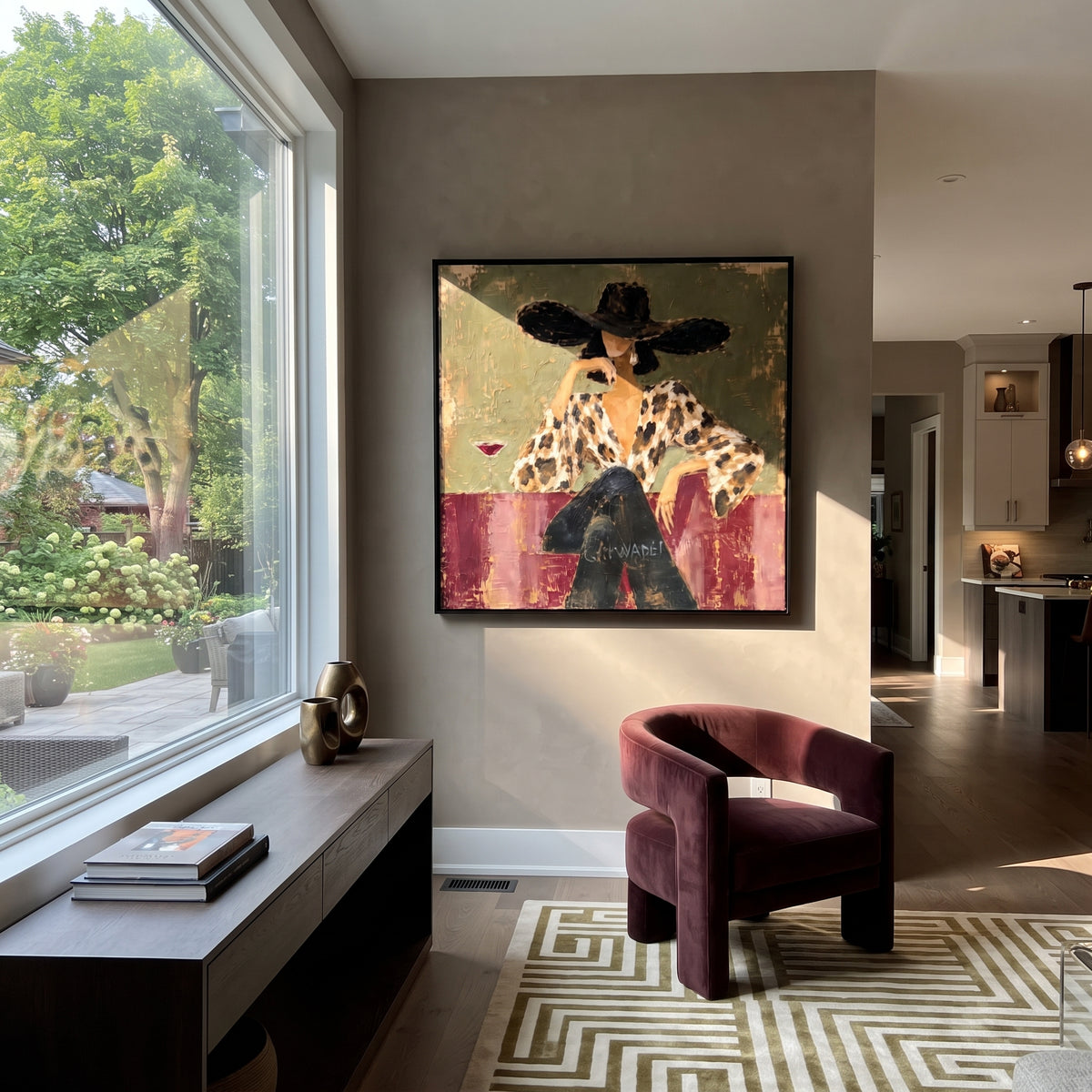 Leopard Blouse Evening Pour wall art shown above contemporary furnishings