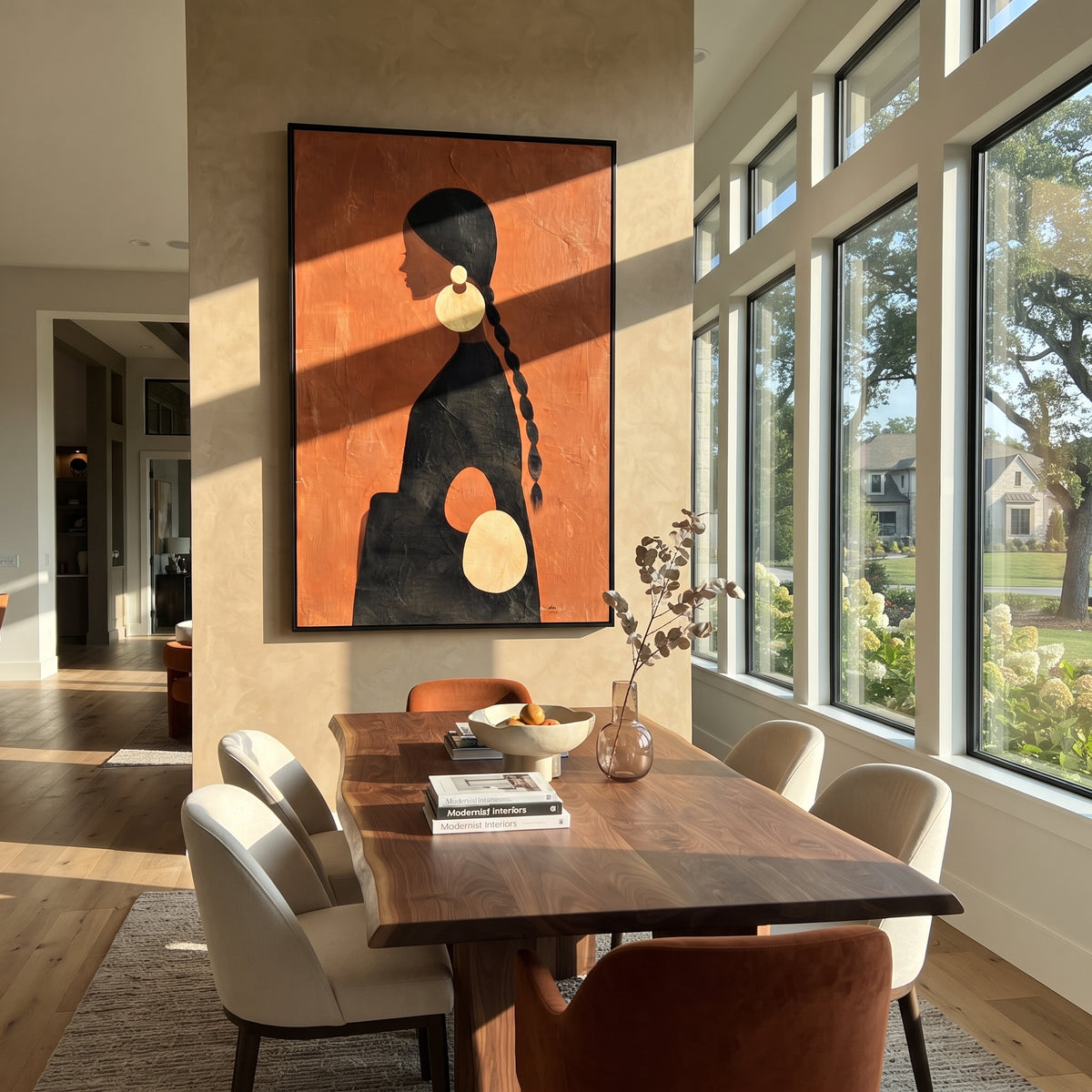 Golden Orbits Rust Profile abstract woman profile painting displayed in a styled interior