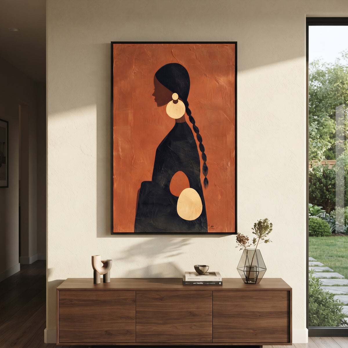 Golden Orbits Rust Profile wall art shown above contemporary furnishings