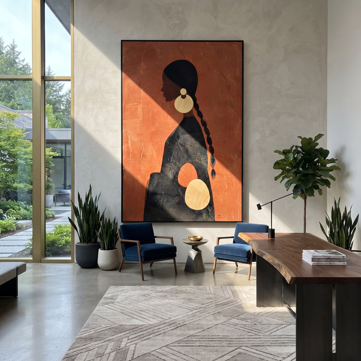 Golden Orbits Rust Profile painting presented in an alternate room setting