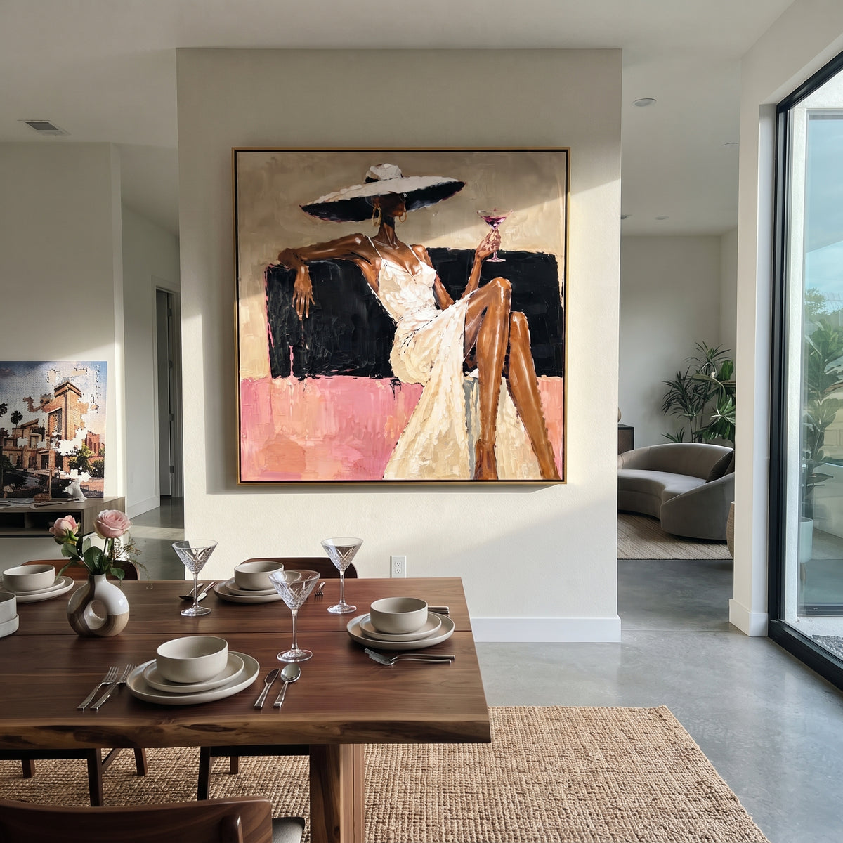 Pink Lounge Martini Pause reclining woman with martini painting displayed in a styled interior