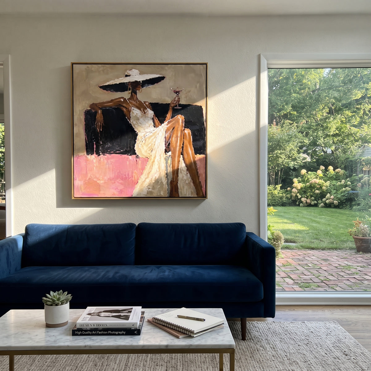 Pink Lounge Martini Pause painting presented in an alternate room setting