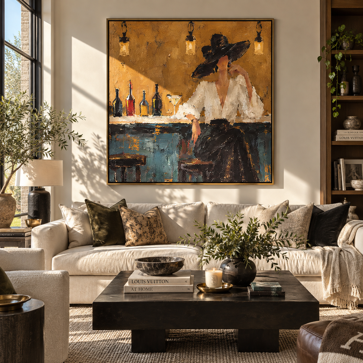 Midnight Brim Amber Pour retro fashion wall art shown above contemporary furnishings