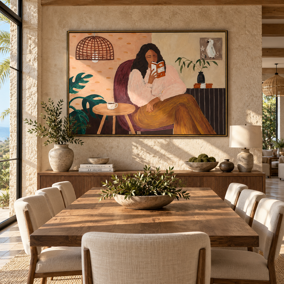 Afternoon Pages and Tea - woman reading painting shown in modern room setting 5