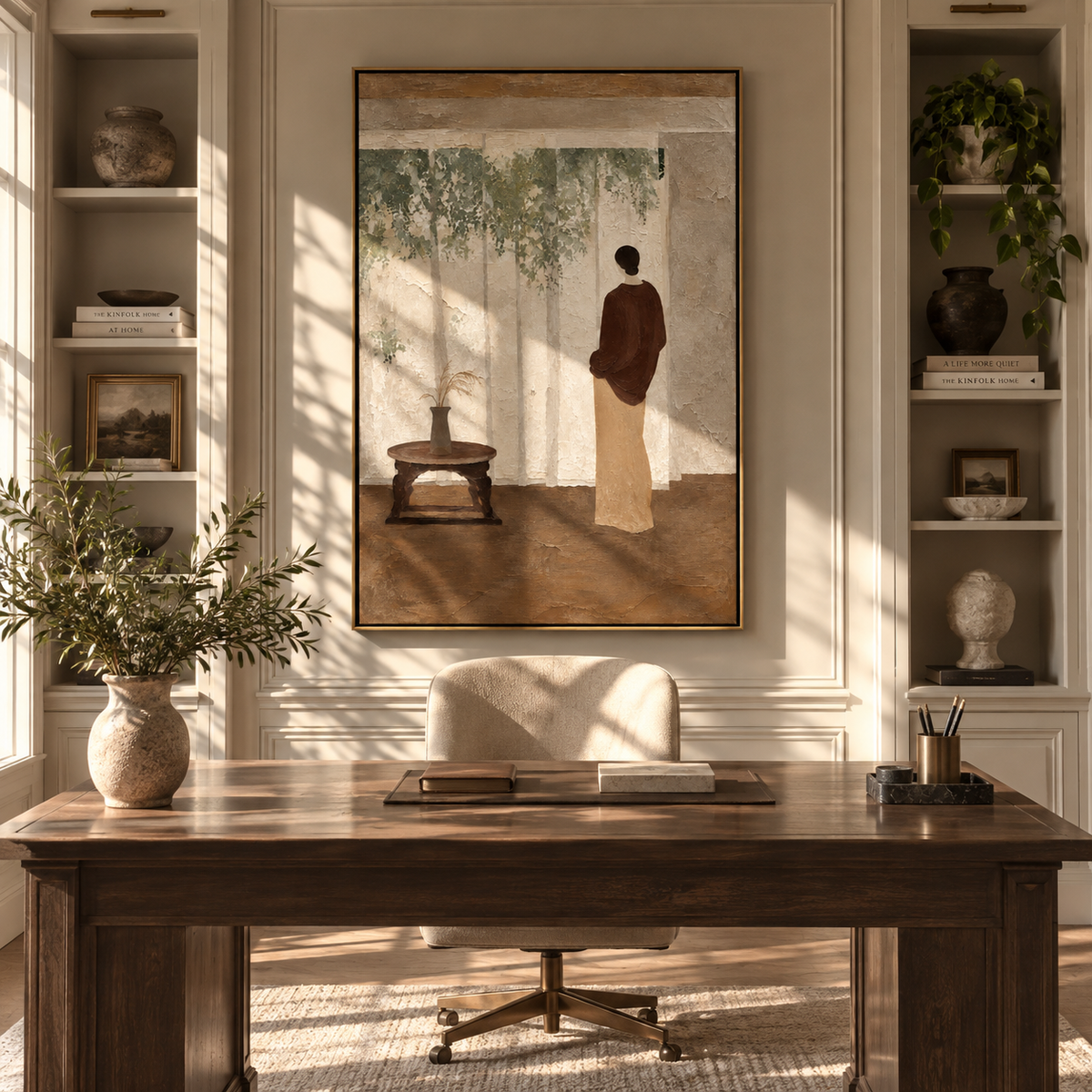 Figure Beyond the Window - solitary figure interior painting displayed in a styled interior