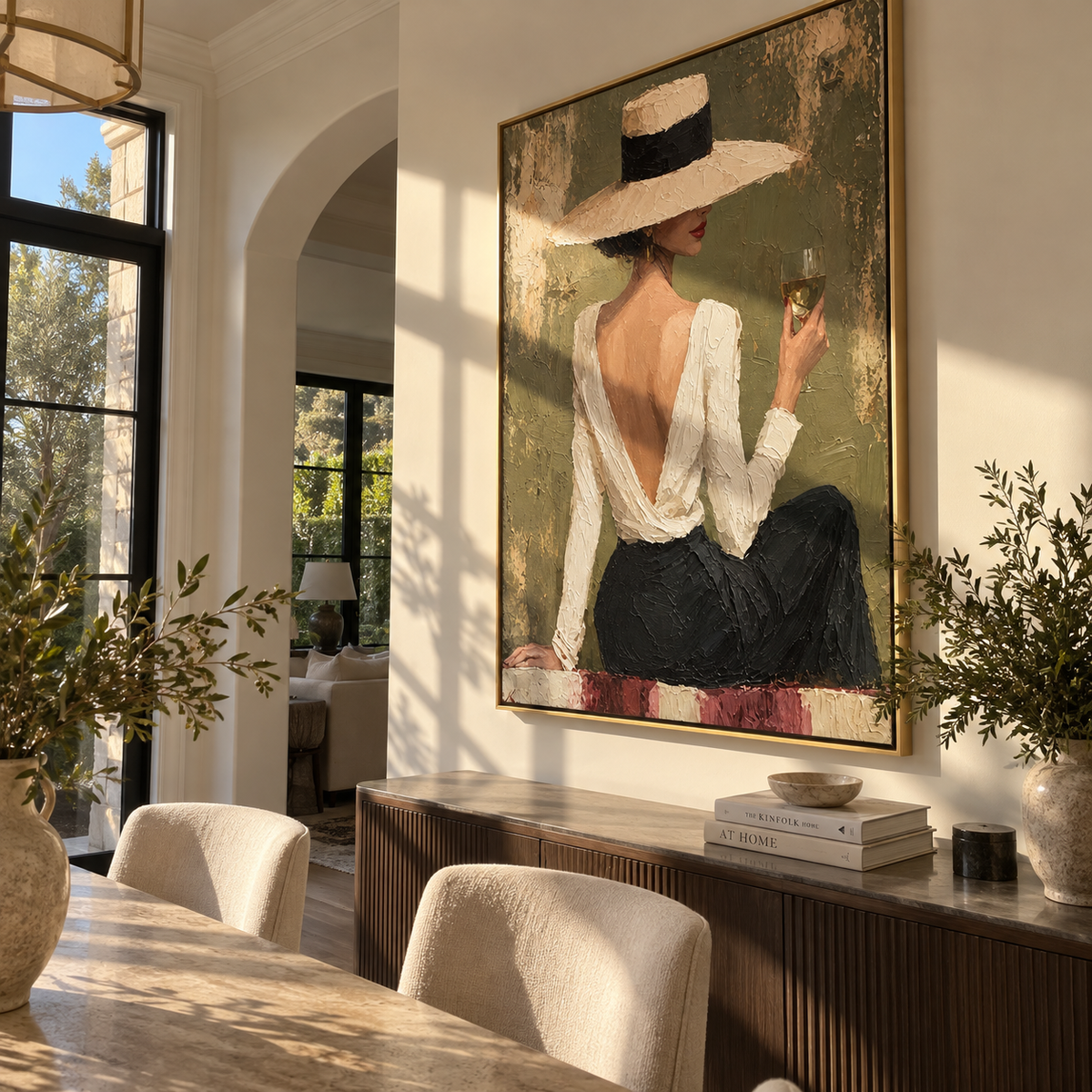 Sage Hour Elegance - chic woman in white hat painting displayed in a styled interior