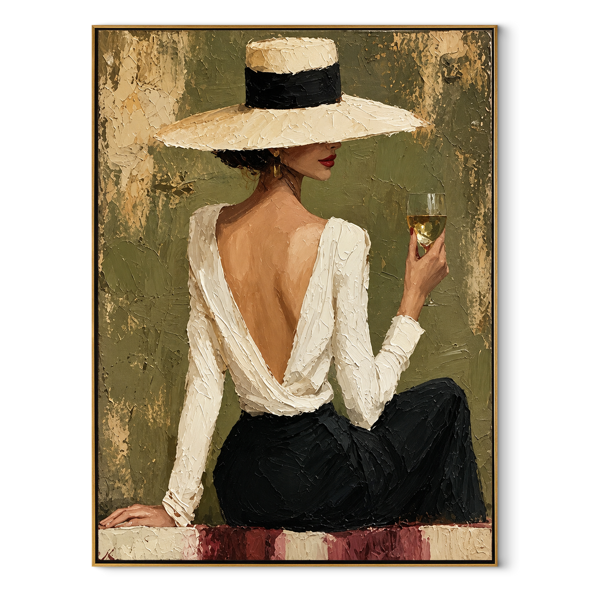 Sage Hour Elegance - chic woman in white hat painting in a wood frame on white