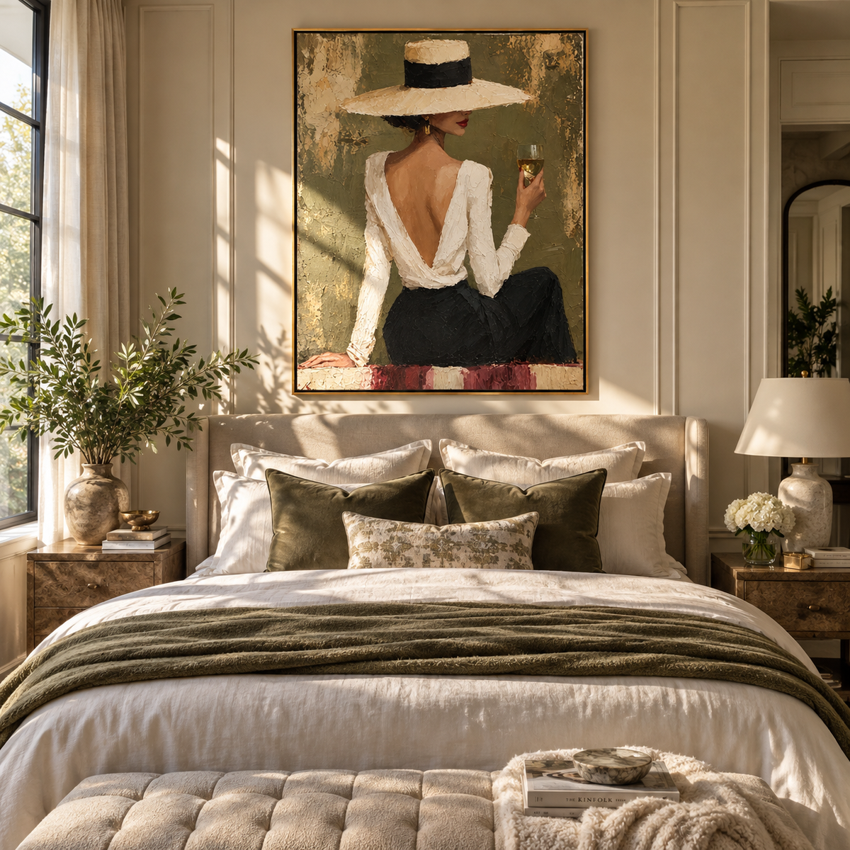 Sage Hour Elegance - chic woman in white hat painting shown in modern room setting 4