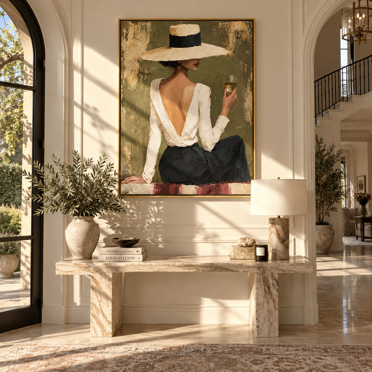 Sage Hour Elegance - chic woman in white hat painting shown in modern room setting 5