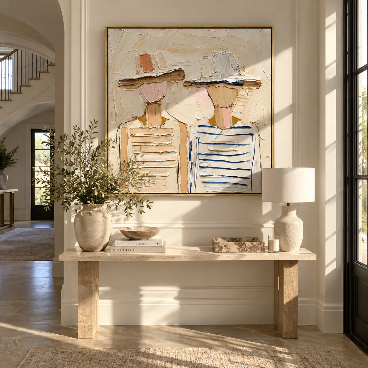 Hats Between Us - neutral textured fashion duo painting displayed in a styled interior