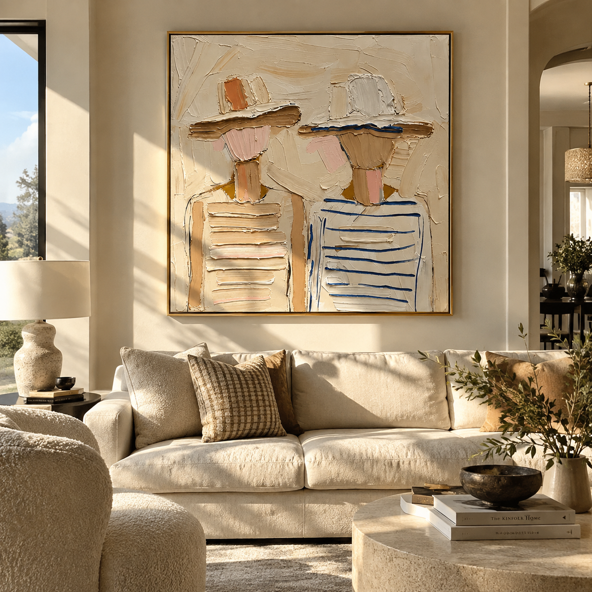 Hats Between Us - neutral textured fashion duo painting shown in modern room setting 5