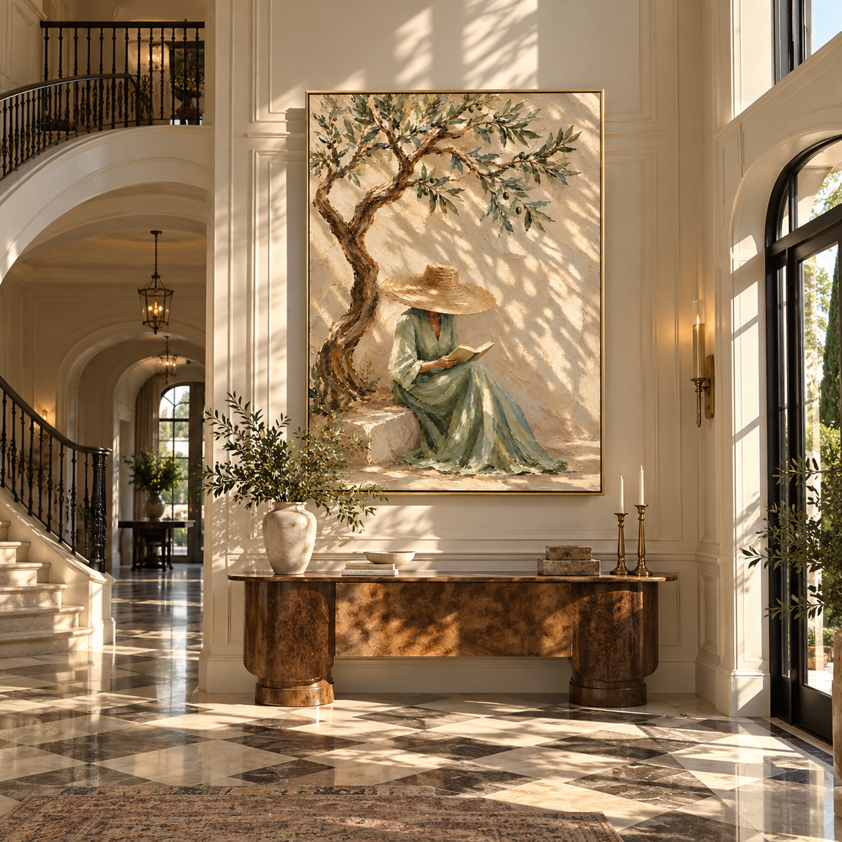 Sage Pages Beneath Olives - woman reading beneath an olive tree painting displayed in a styled interior