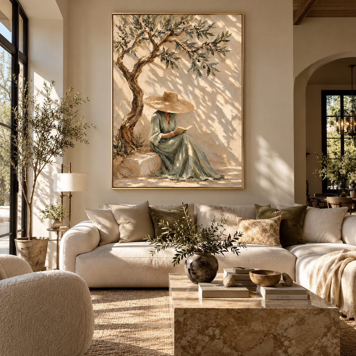 Sage Pages Beneath Olives - woman reading beneath an olive tree painting shown in modern room setting 2