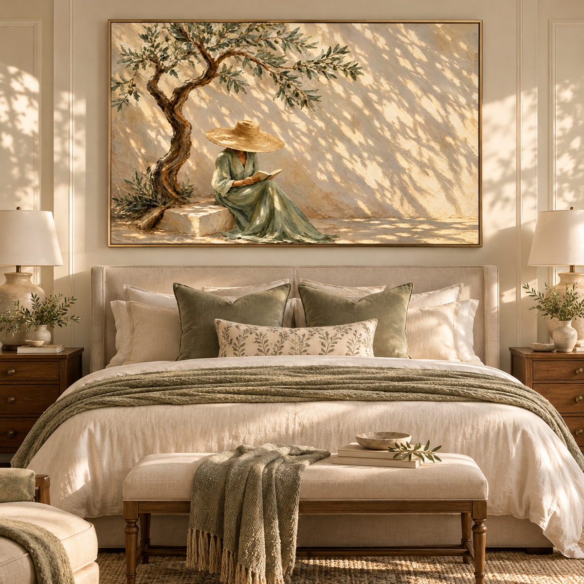 Olive Shade Reading Hour - woman reading beneath an olive tree painting displayed in a styled interior