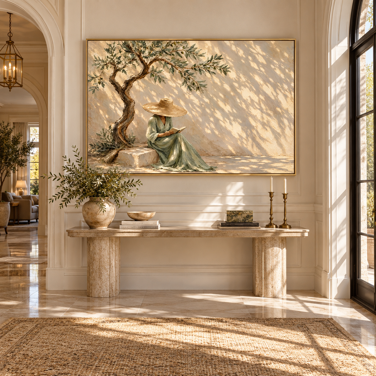Olive Shade Reading Hour - woman reading beneath an olive tree painting shown in modern room setting 2
