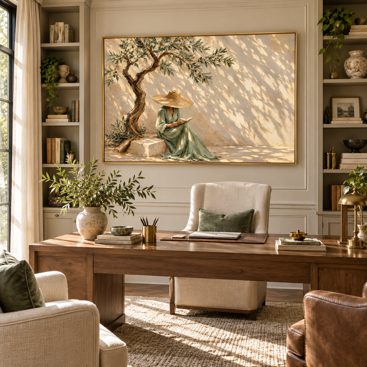 Olive Shade Reading Hour - woman reading beneath an olive tree painting shown in modern room setting 3