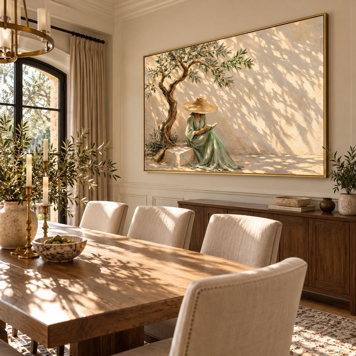 Olive Shade Reading Hour - woman reading beneath an olive tree painting shown in modern room setting 4