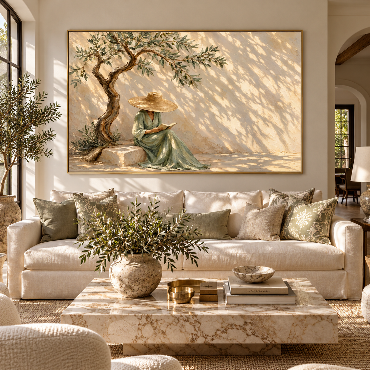 Olive Shade Reading Hour - woman reading beneath an olive tree painting shown in modern room setting 5