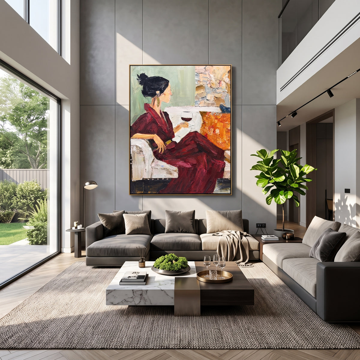 Burgundy Reading Hour - woman reading with wine painting displayed in a styled interior