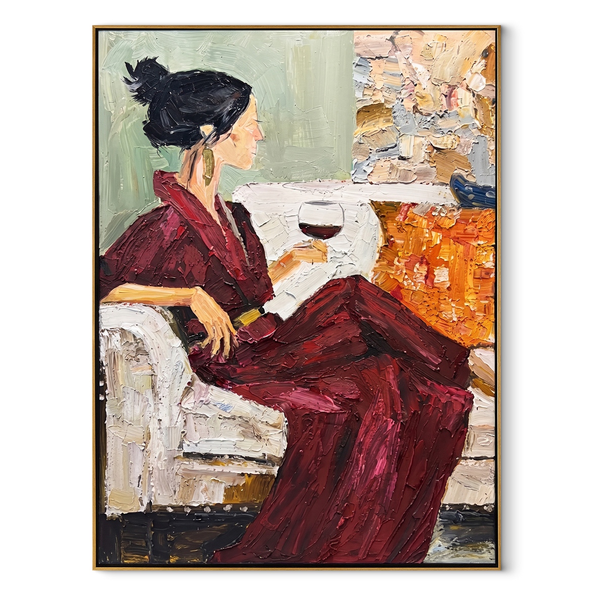 Burgundy Reading Hour - woman reading with wine painting in a wood frame on white