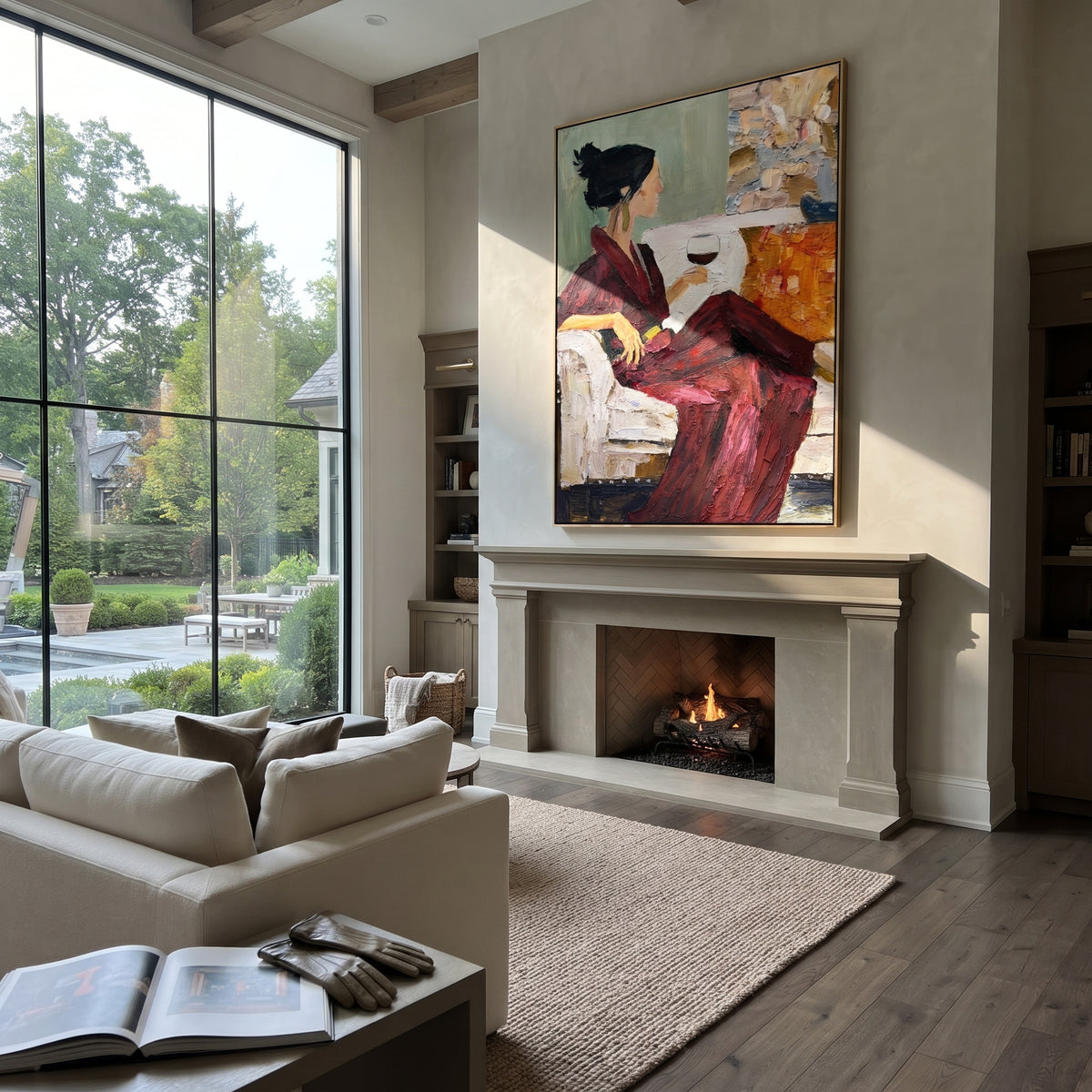 Burgundy Reading Hour - woman reading with wine painting shown in modern room setting 2