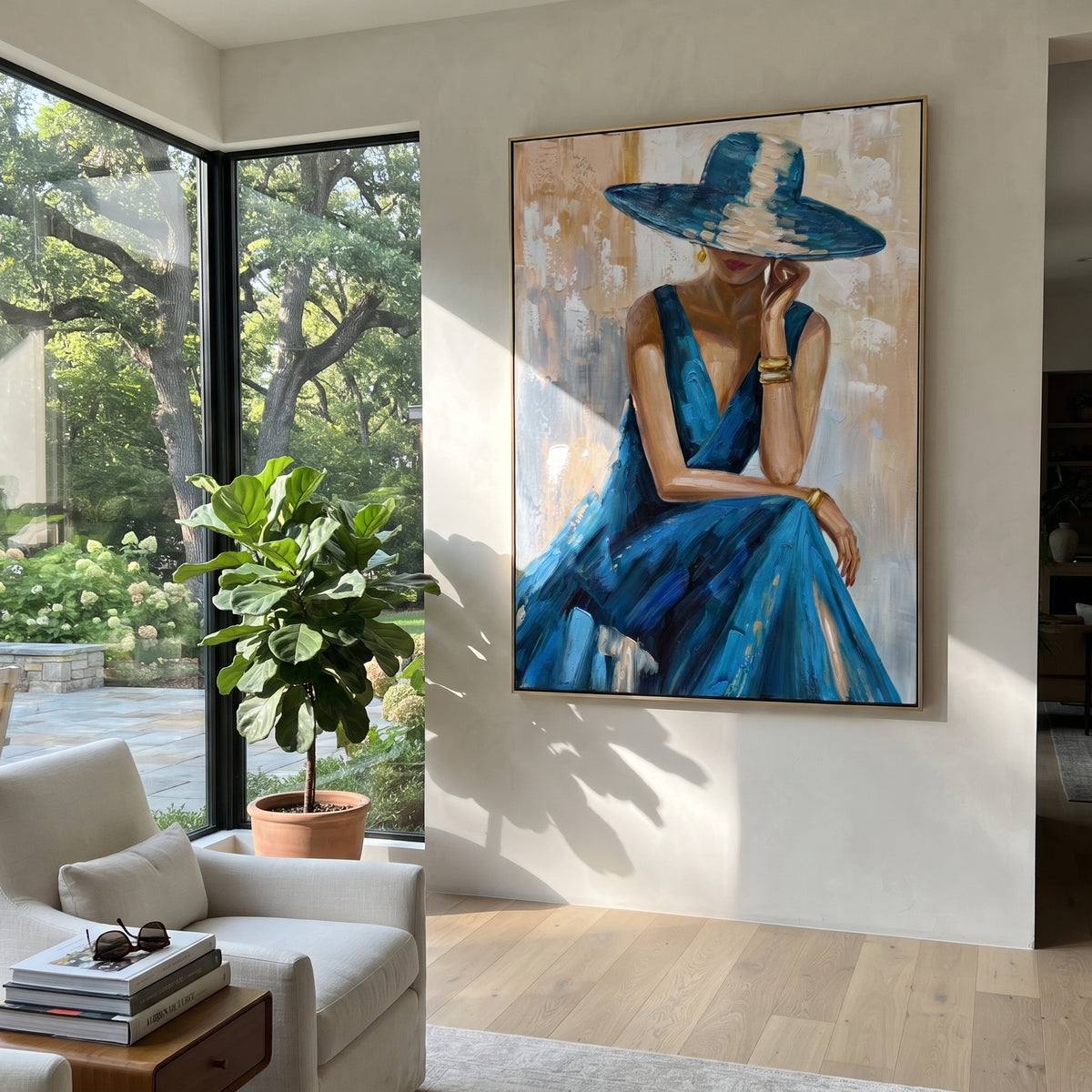 Blue Brim Reverie - blue hat fashion portrait painting displayed in a styled interior