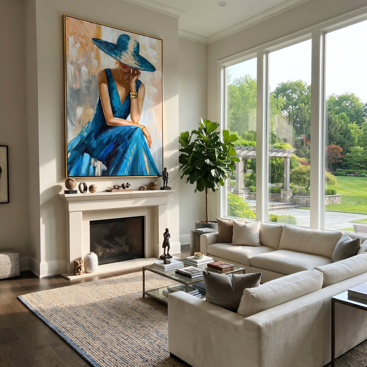 Blue Brim Reverie - blue hat fashion portrait painting shown in modern room setting 2