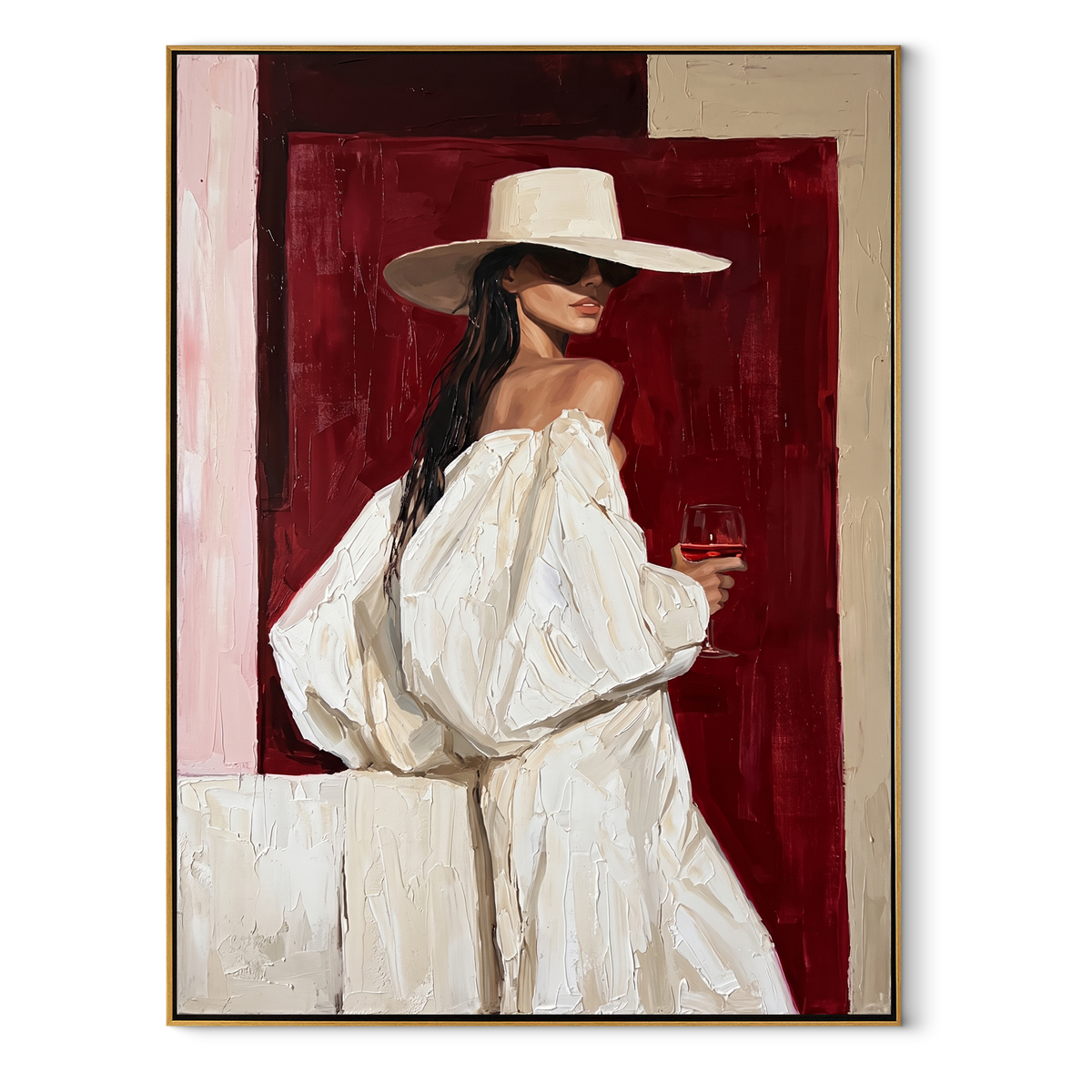 Ivory Hat on Crimson - white hat fashion portrait painting in a wood frame on white
