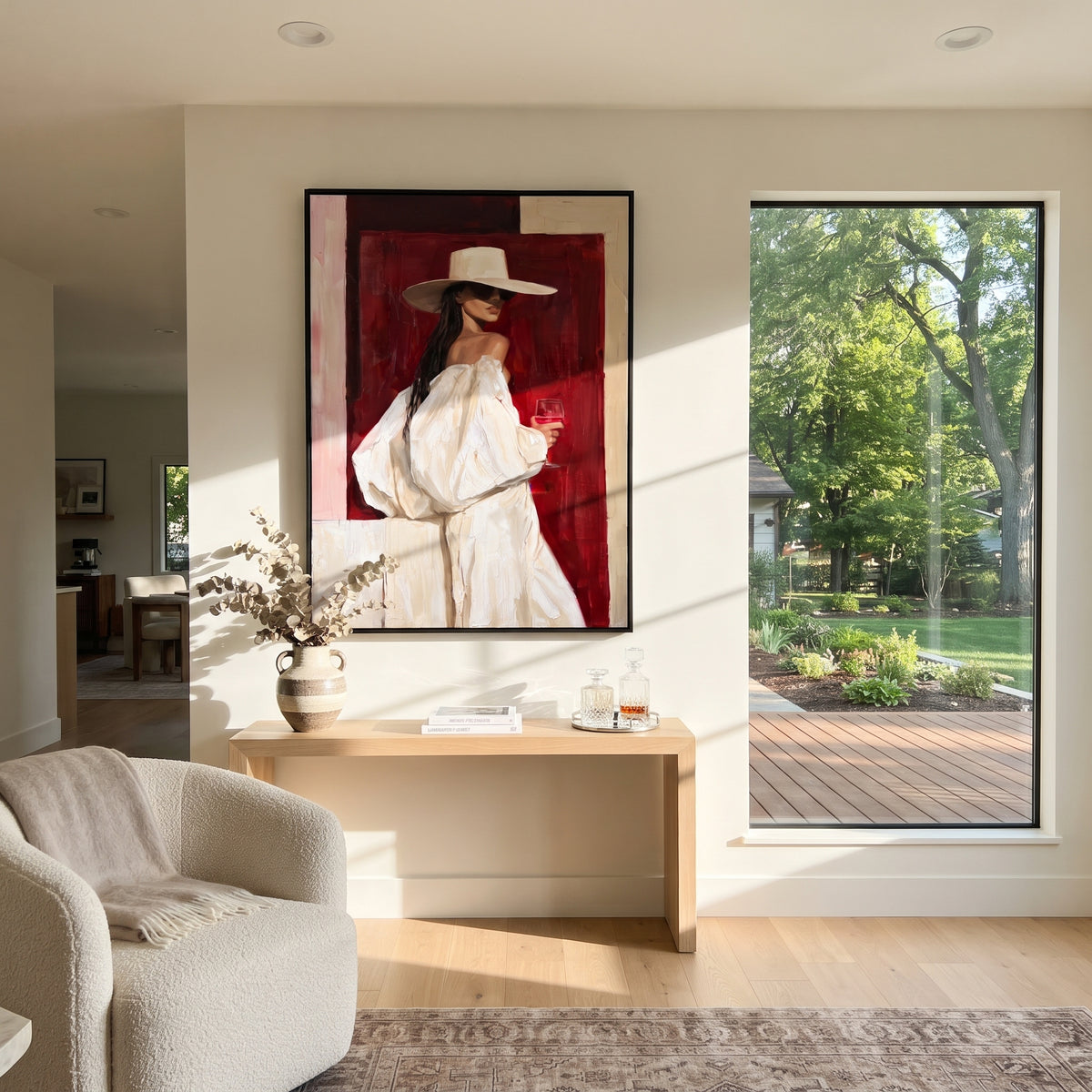 Ivory Hat on Crimson - white hat fashion portrait painting shown in modern room setting 3
