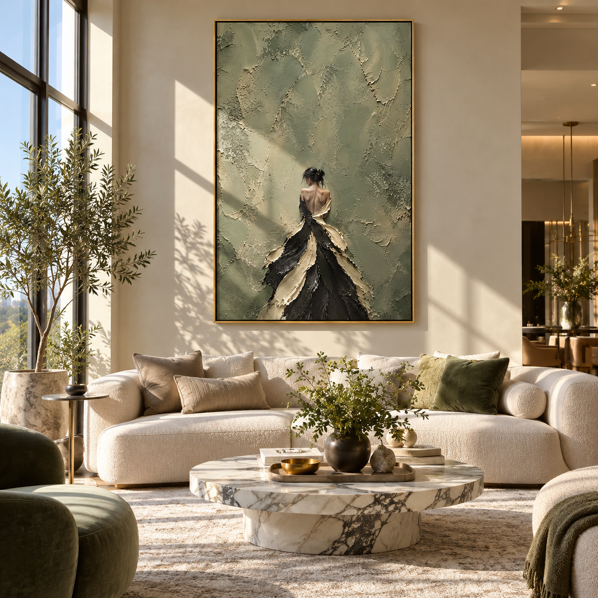 Midnight Petal Gown - black gown fashion portrait painting shown in modern room setting 2