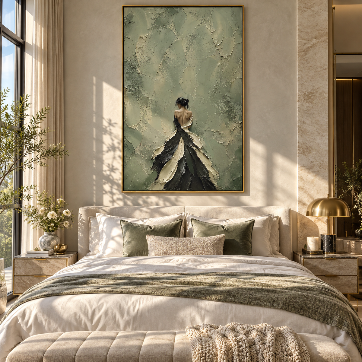 Midnight Petal Gown - black gown fashion portrait painting shown in modern room setting 4