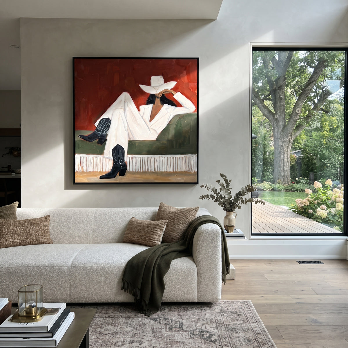 White Boots at Noon - reclining western fashion painting shown in modern room setting 3
