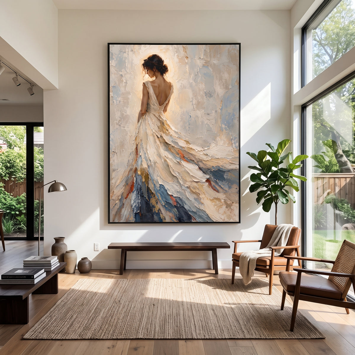 Ivory Dress in Motion - flowing white gown portrait painting displayed in a styled interior