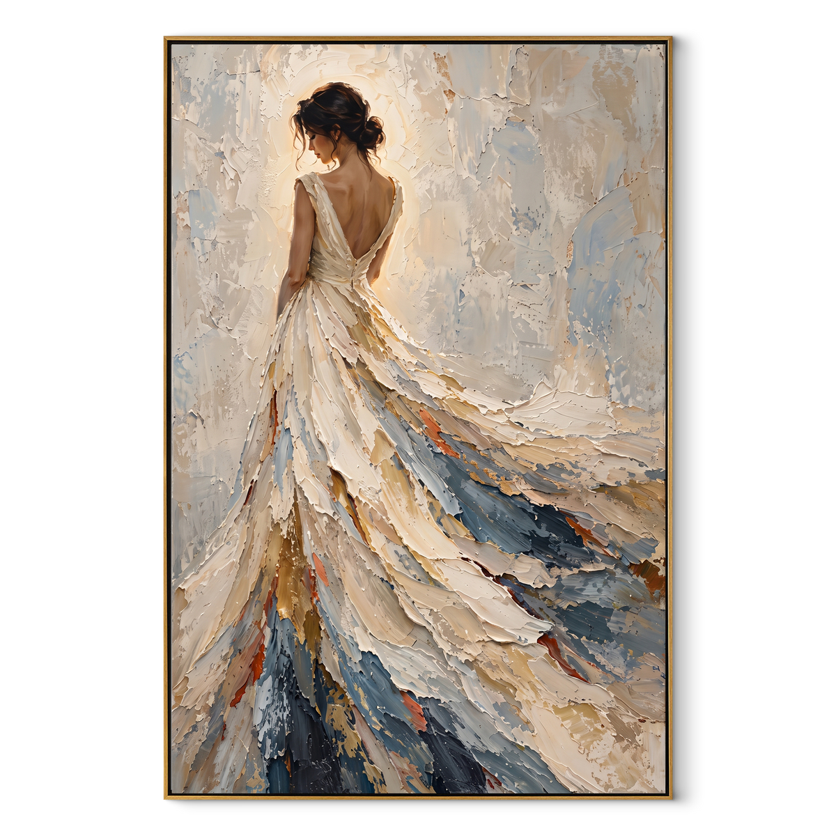 Ivory Dress in Motion - flowing white gown portrait painting in a wood frame on white
