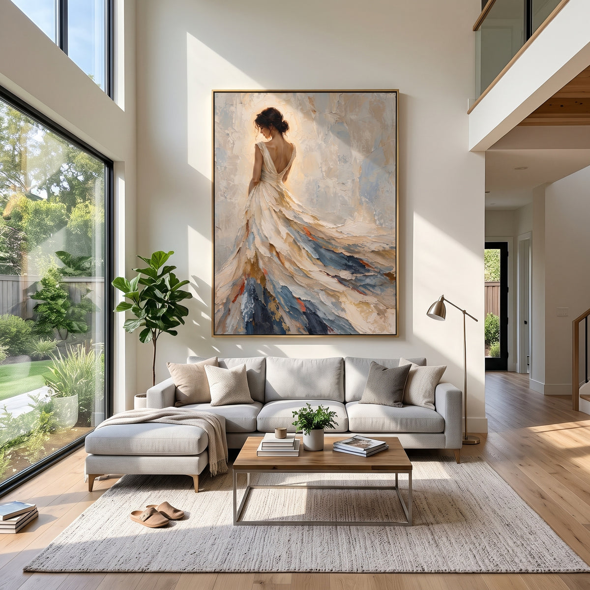 Ivory Dress in Motion - flowing white gown portrait painting shown in modern room setting 5