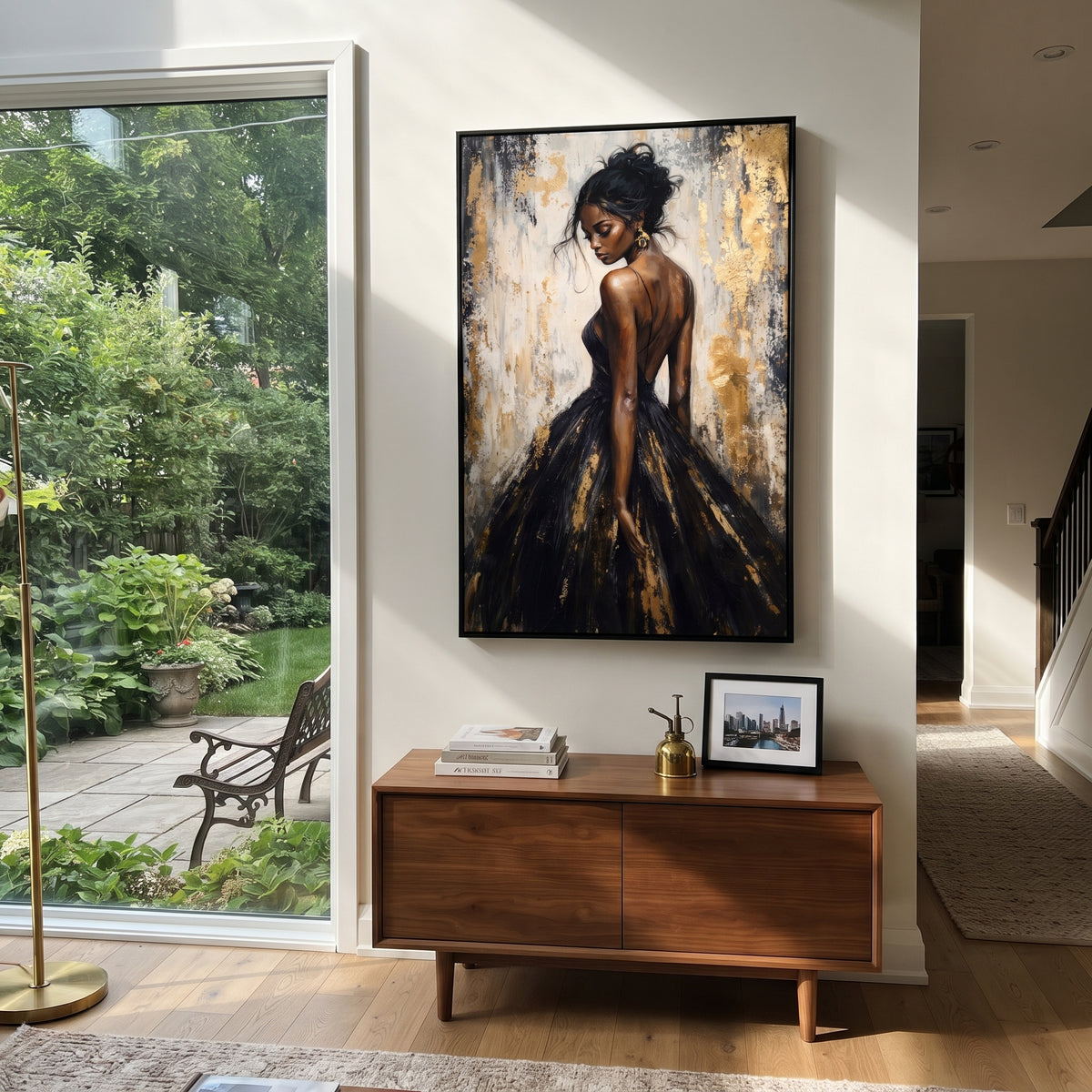 Midnight Gown in Gold - black gold fashion portrait painting shown in modern room setting 2