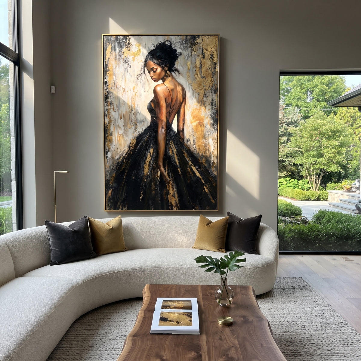 Midnight Gown in Gold - black gold fashion portrait painting shown in modern room setting 4