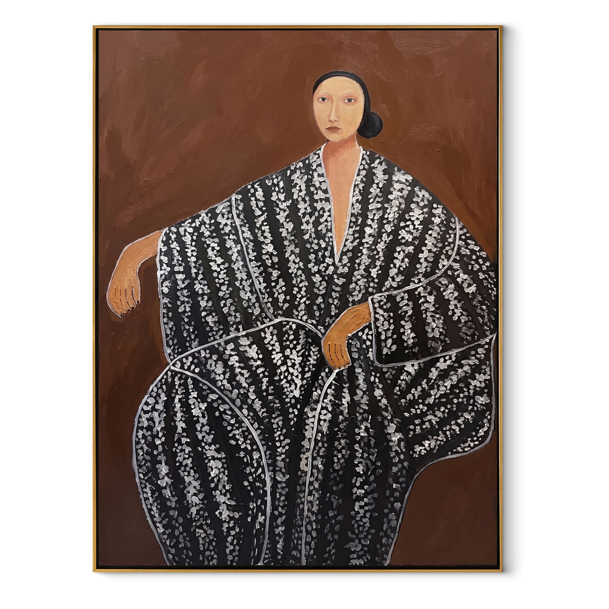Monochrome Draped Ease - black white draped figure painting in a wood frame on white